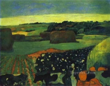 150の主題の芸術作品 Painting - ブルターニュの干し草の山 ポスト印象派 原始主義 ポール・ゴーギャンの風景